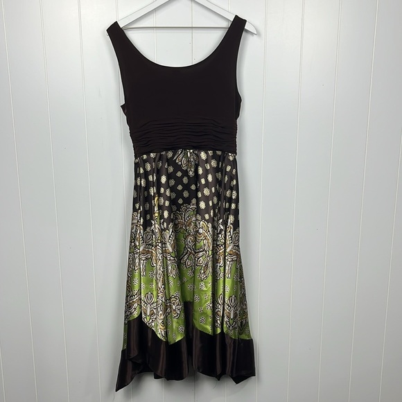 Sangria Womens Midi Dress 12 Chocolate Brown Green Floral Side Zip Ruching Party - Picture 10 of 13